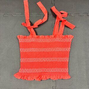 Red Smocked Sleeveless Top With Adjustable Tie Straps & Ruffle Hem